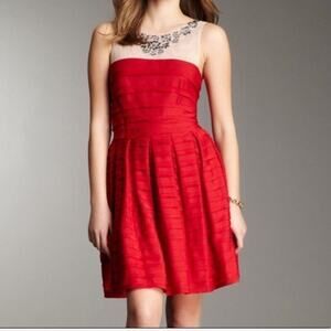 BCBGMAXAZRIA Marina Red Tiered Tulle Mini Dress XXS Jeweled Mesh Neck